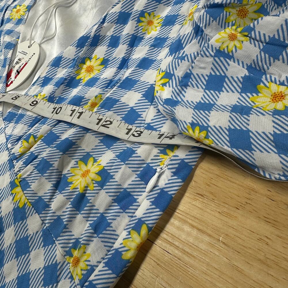 Staud NWT Milla Dress Gingham Daisy Plaid Blue White Floral Puff Sleeve Size 2 - Picture 8 of 10